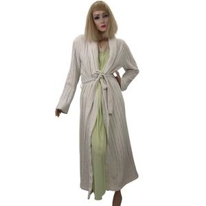 Vintage Cable Knit Robe Cream Loungewear Shawl Collar 80's  Womens Medium
